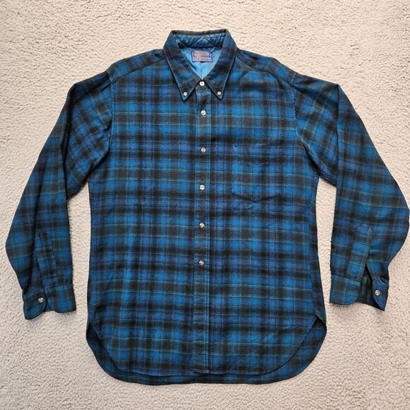 Pendleton Shirt Mens Large Blue Black Plaid‎ Wool Long Sleeves Button Down - Picture 1 of 14